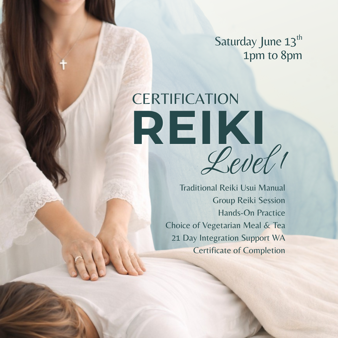 A woman with long brown hair, wearing a white lace top and a cross necklace, is performing Reiki on a person lying face down on a table. The Reiki session advertisement includes event details and features a background with soft, calming colors.