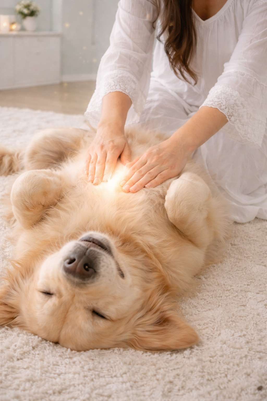 Person in white clothing petting a golden retriever dog lying on its back on a cream-colored carpet.