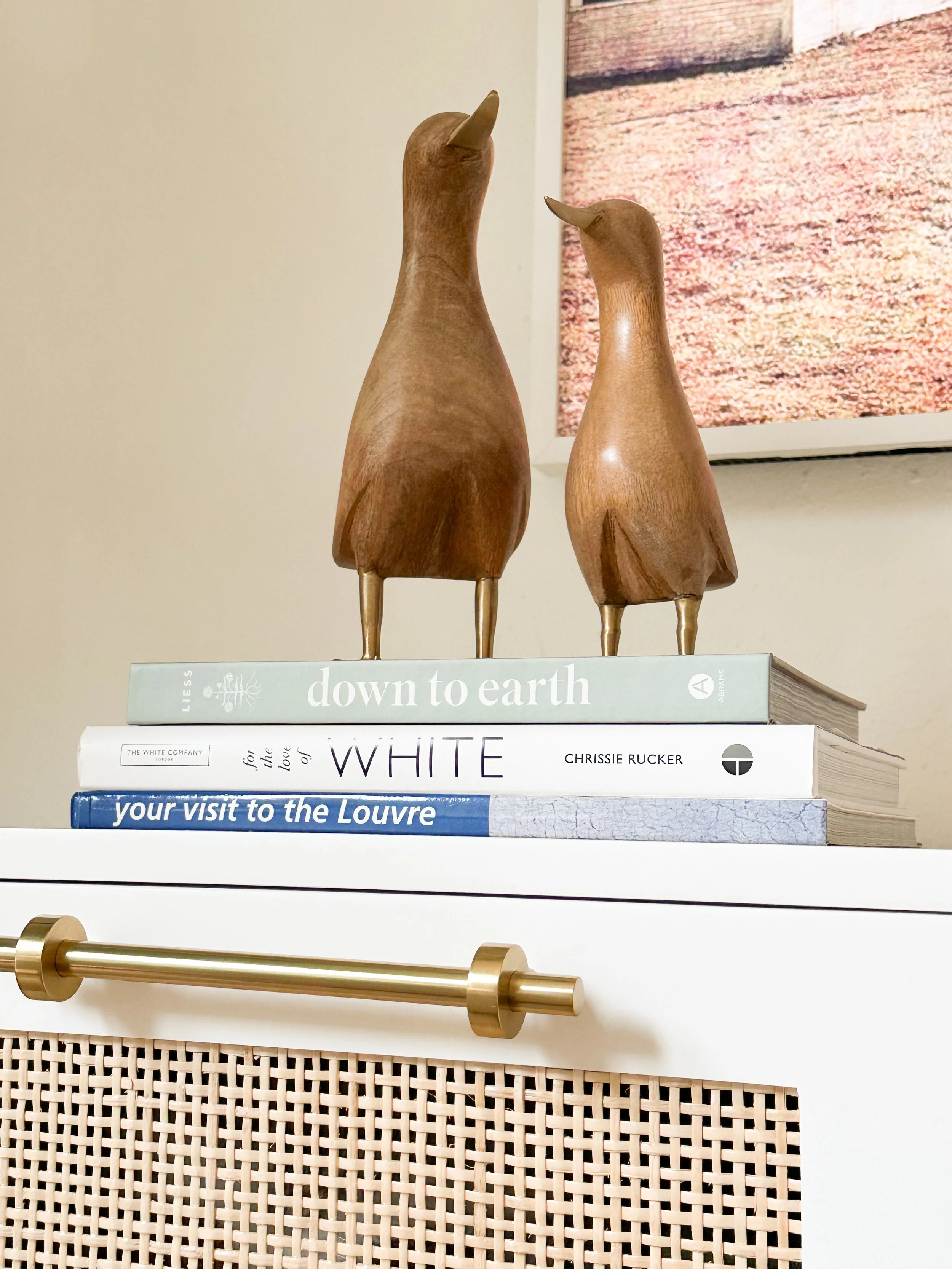 A shelf with three books stacked horizontally, titled "down to earth," "WHITE" by Chrissie Rucker, and "your visit to the Louvre." Decorative wooden bird sculptures stand atop the books, with a textured rattan panel and a brass towel bar below.