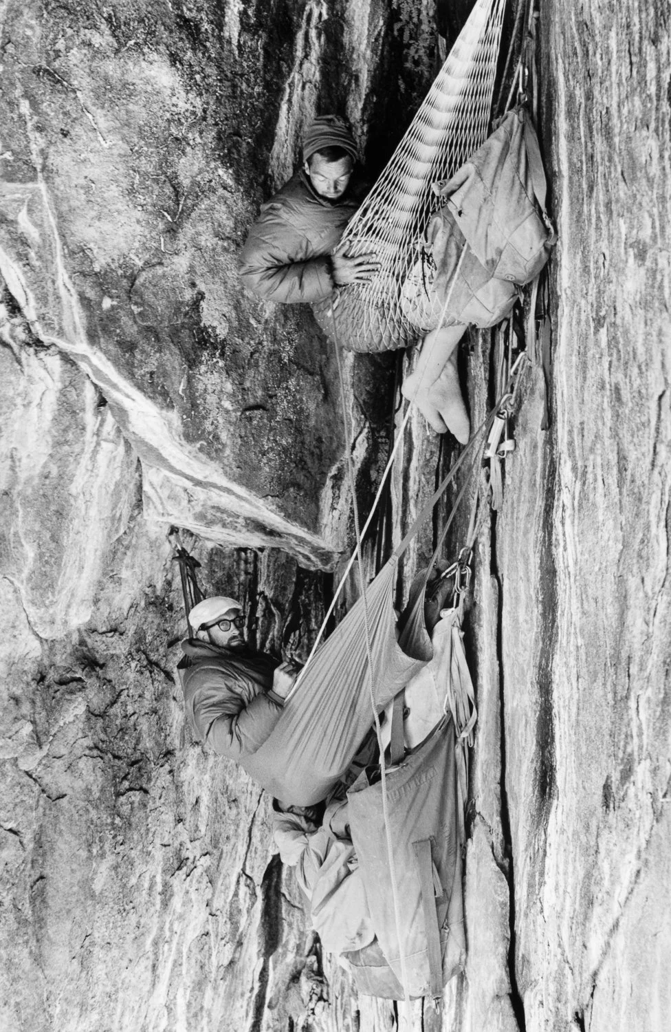 TENEMENT FLAT, Black Cave bivouac, Tom Frost, Royal Robbins, and Yvon Chouinard, North America Wall, El Capitan, Yosemite Valley, California. First ascent by Robbins, Pratt, Chouinard, and Frost, 10 days, October 1964. Chuck Pratt photo.