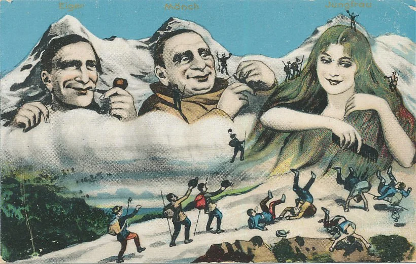 Vintage illustration of Eiger, Mönch, and Jungfrau peaks with stylized climbers, large portraits, and a woman symbolizing the mountains