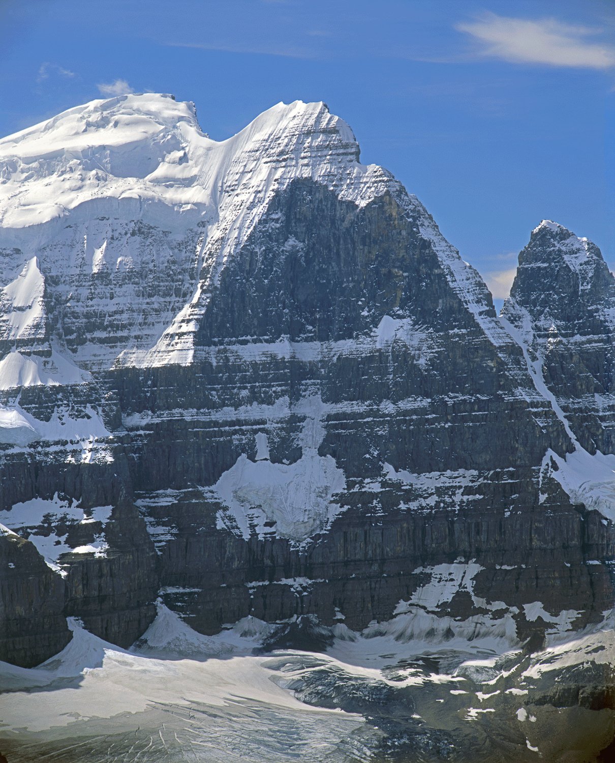The Eigerwand of North America, 19??. The imposing north face of North Twin in the Canadian Rockies was first climbed by George Lowe and Chris Jones in 1974 (left of center) and is regarded as one of the most difficult and serious alpine climbs in No