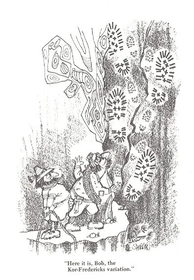 Cartoon of two climbers looking up at a rock face covered with many bolt placements and unusual holds