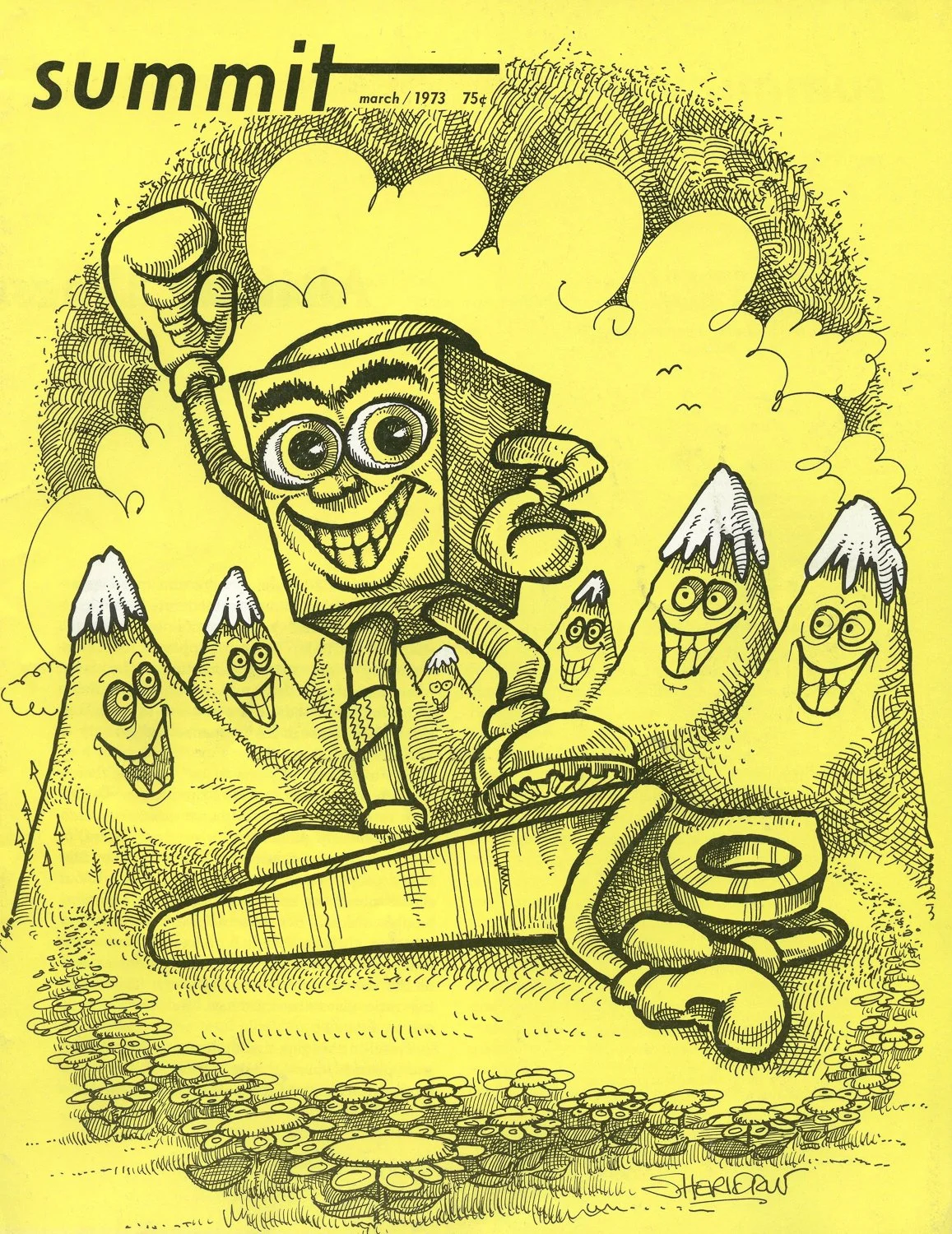 The Victorious Nut, 1973. An artificial chockstone or “nut” stands proudly above a vanquished horizontal piton symbolizing the adoption of “clean climbing” methods over the use of hammer and pitons to provide anchors and protection points while rock 