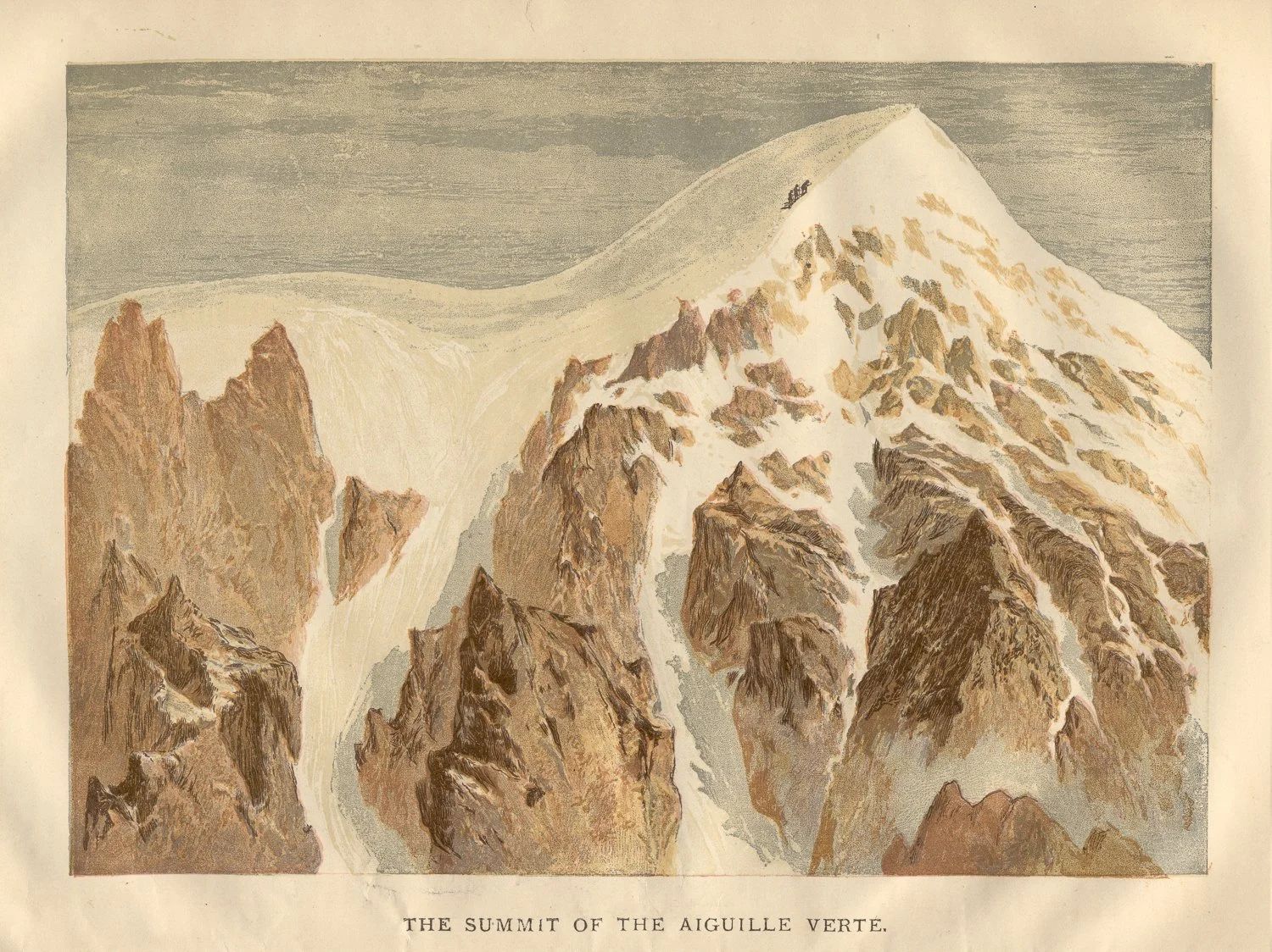 Vintage illustration of the Aiguille Verte summit showing snow-covered peak and rugged rocky ridges in alpine terrain