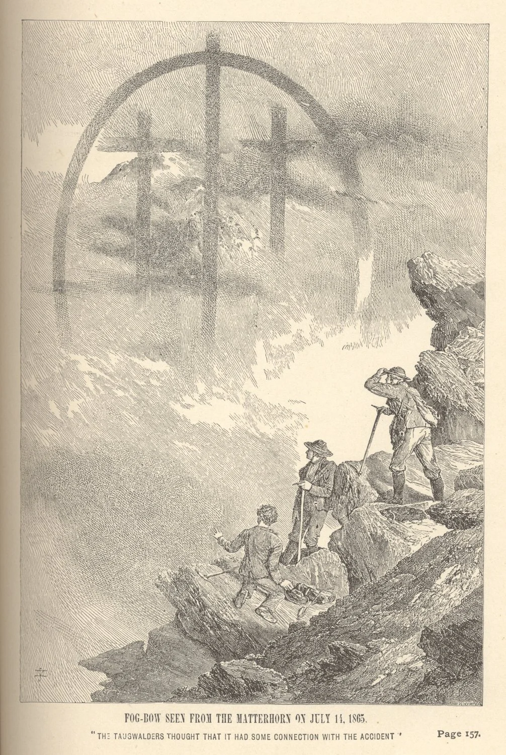 Vintage illustration of three climbers on a rocky slope observing a fog bow with cross-like shadows in misty alpine scene