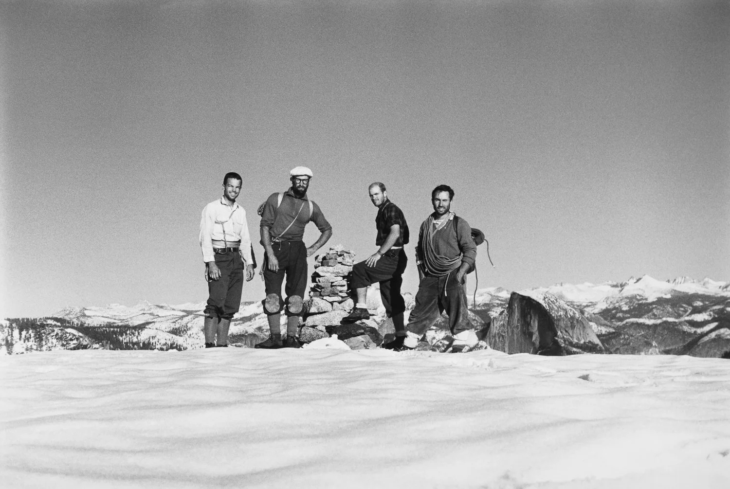 THE POWERS THAT BE, Tom Frost, Royal Robbins, Chuck Pratt, and Yvon Chouinard, El Capitan summit, 30 October 1964, following the ten day ascent of the North America Wall, Yosemite National Park, California. Tom Frost photo.