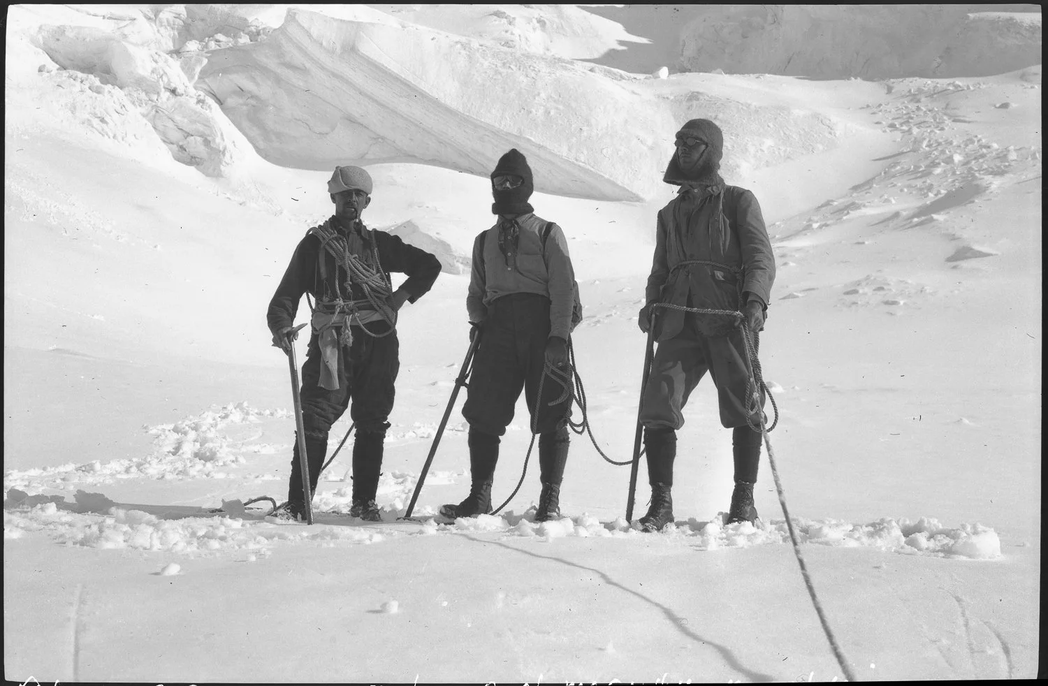 Robson [Conrad Kain, Albert H. MacCarthy and Basil S. Darling – Alpine Club of Canada camp at Mount Robson], 1913, Byron Harmon/photographer, Whyte Museum of the Canadian Rockies, Byron Harmon fonds (V263/I/A/i/a/na-1046) shown here after completing 