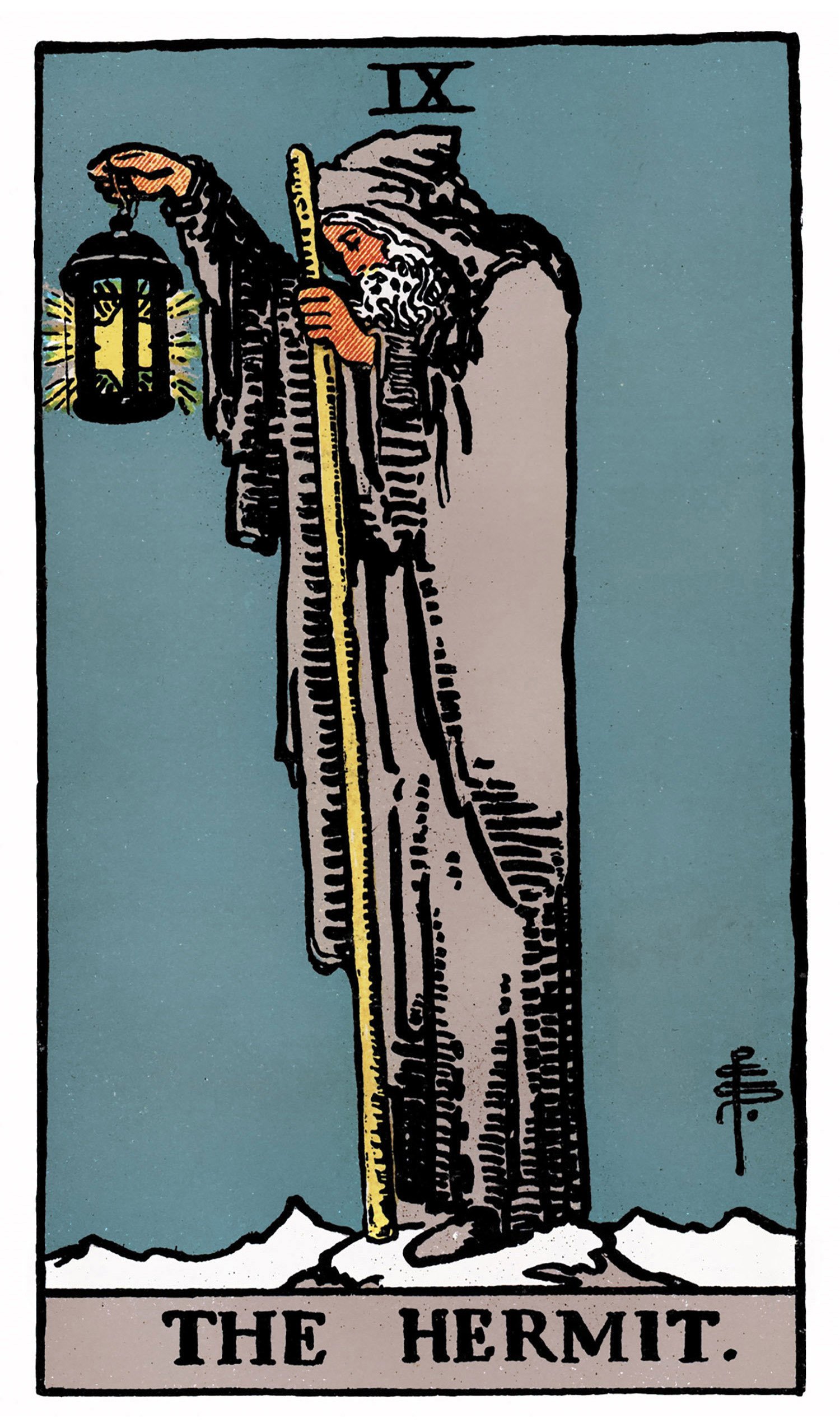 Tarot card illustrating The Hermit, a robed figure holding a lantern in one hand and a staff in the other, standing on snowy ground with mountain peaks in the background, with the Roman numeral IX at the top.