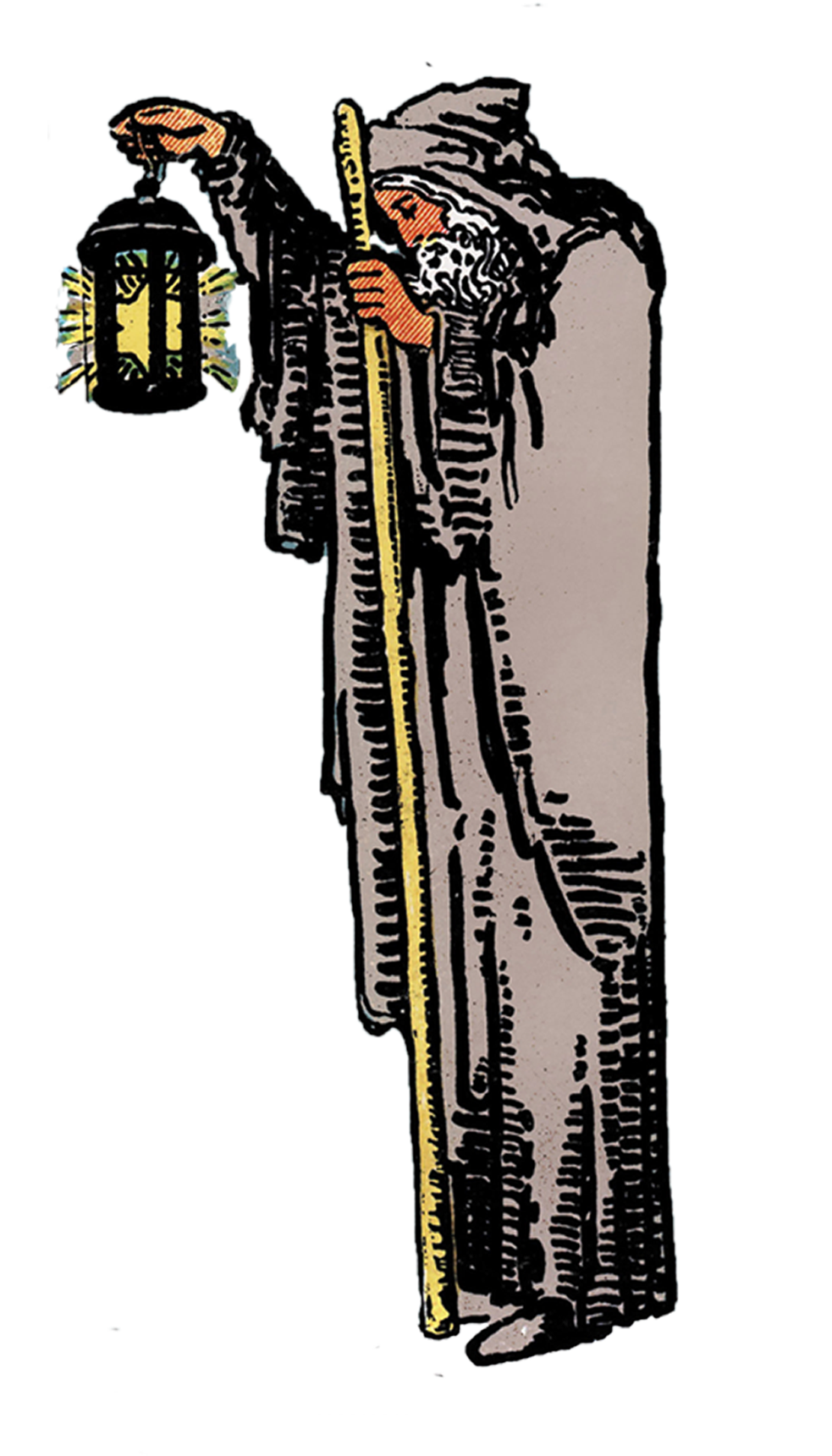 An illustration of a person dressed as a wizard holding a lantern in one hand and a staff in the other.