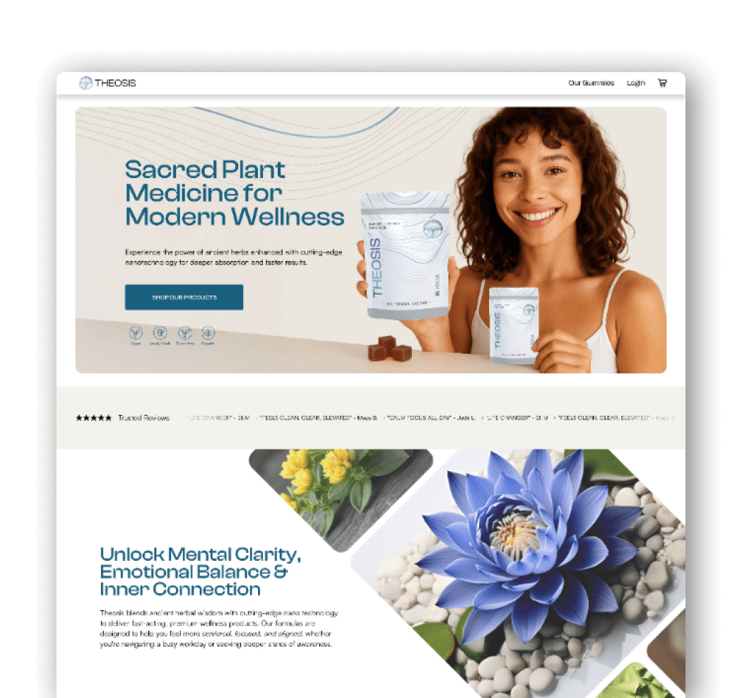 A digital display showing a website for THEOSIS with a smiling woman holding a product container and capsules, promoting sacred plant medicine for modern wellness.