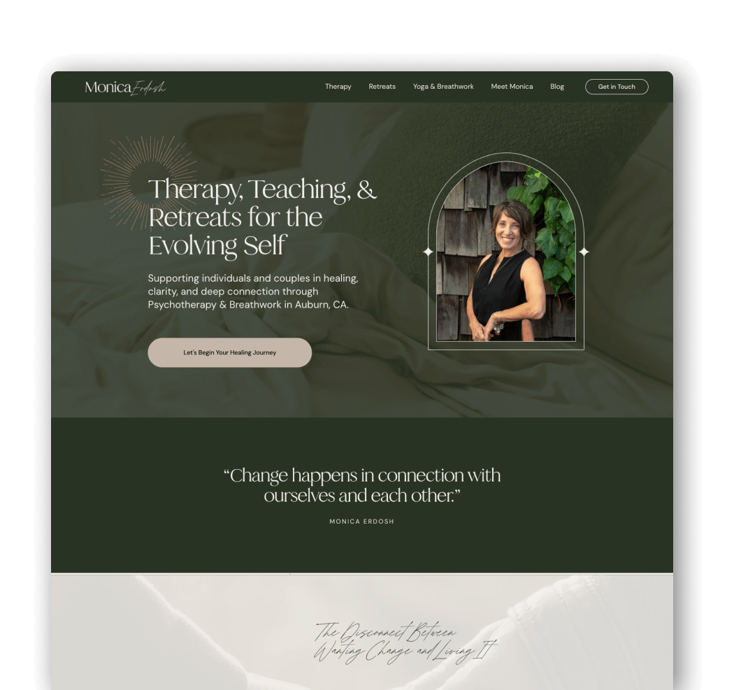 Website homepage for Monica Erdosch, a therapy, teaching, and retreat service, shown on a laptop and smartphone.