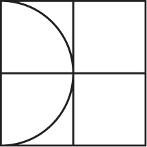 Geometric drawing of an outline square with sections divided by vertical, horizontal, and half circle lines.