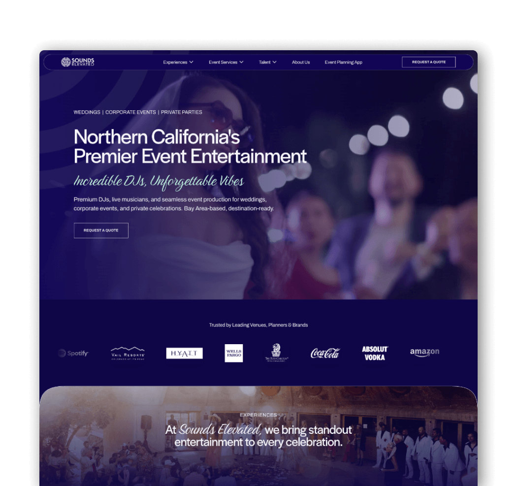 Computer screens displaying a wedding DJ and live music entertainment service website, with images of couples, wedding scenes, and event details, set against a background of palm trees.