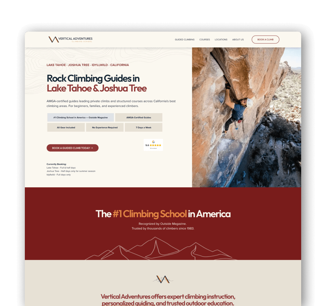 Screenshots of a website for Vertical Adventures, showcasing rock climbing guides and courses in Lake Tahoe and Joshua Tree, with images of climbers and outdoor landscapes.