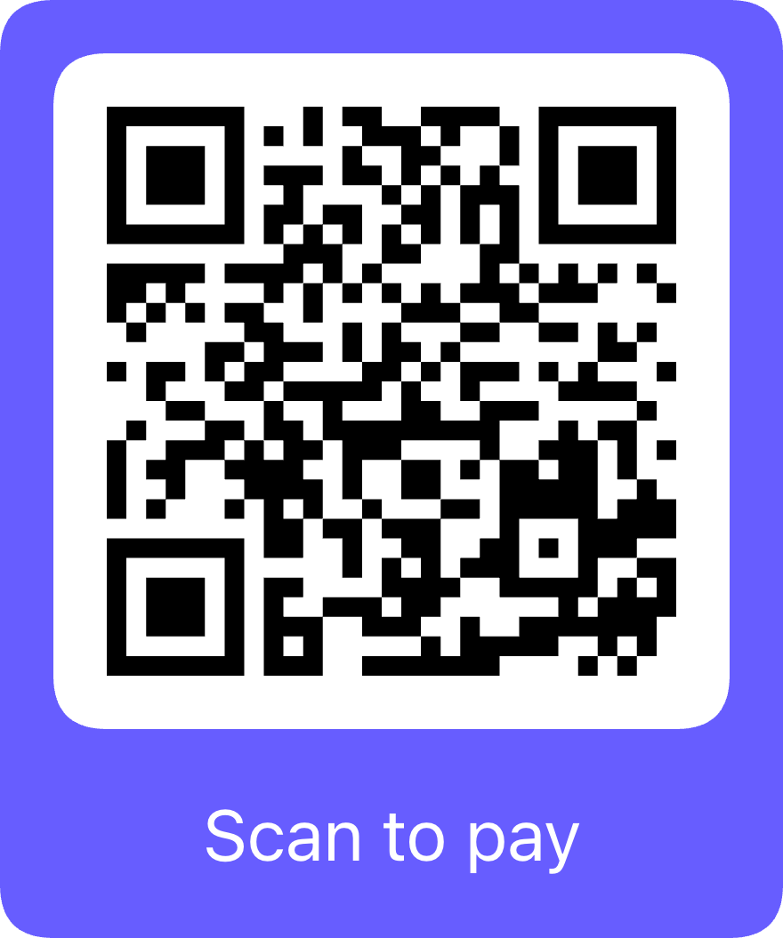 A QR code with a purple background and white border, and the text 'Scan to pay' below it.