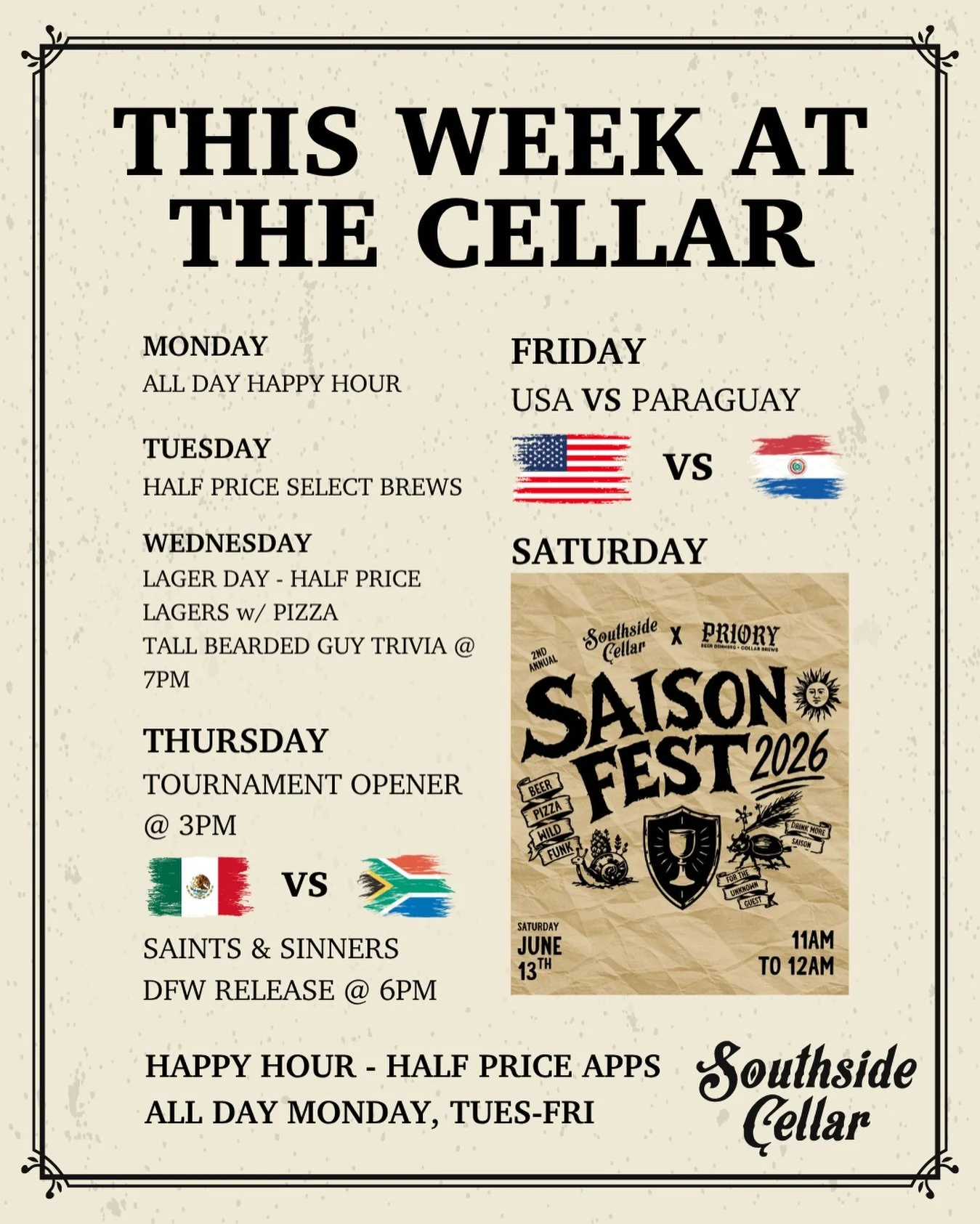 BIG week at the Cellar! Audio Visual upgrades, killer pizza, Saints &amp; Sinners, Inter-Global Soccer-Sports Matches, and our 2nd Annual Saison Fest with the @priorybeer and the 2nd Release of Punk Monk collab with @whiterockbrewingcompany

Somethin