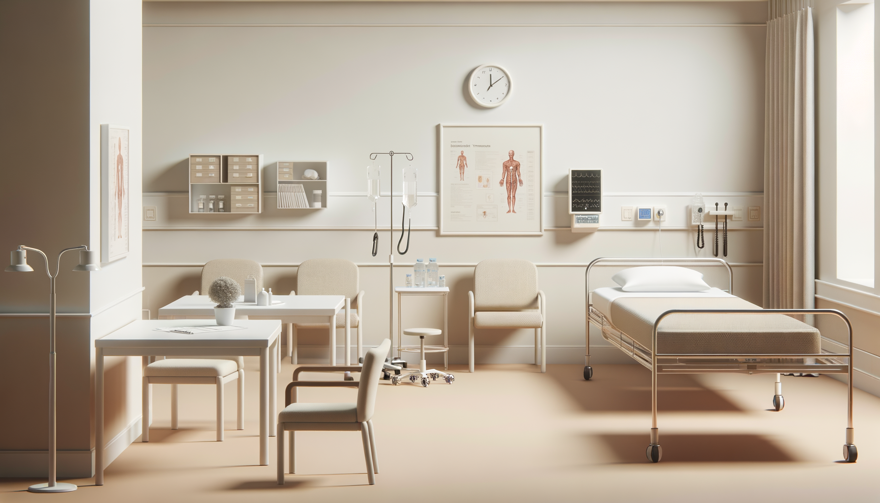 A hospital room with a bed, medical equipment, chairs, a table with water bottles, and medical diagrams on the wall.