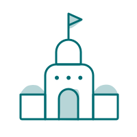 En tegnet tegning av et sandkastell med et flagg på toppen, omgitt av sandkassevegger.