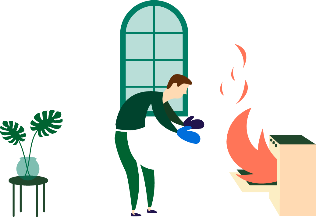 En person prøver å slukke en brann i et kjøkken ved å bruke en brannslukker.