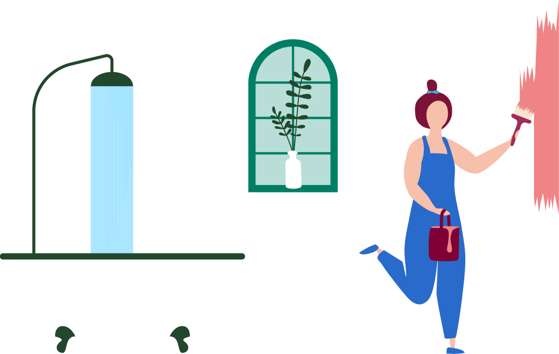 Illustrasjon av en kvinne som maler en vegg, med et badekar, en vase med et grønt plantesteng, og et vindu i bakgrunnen.