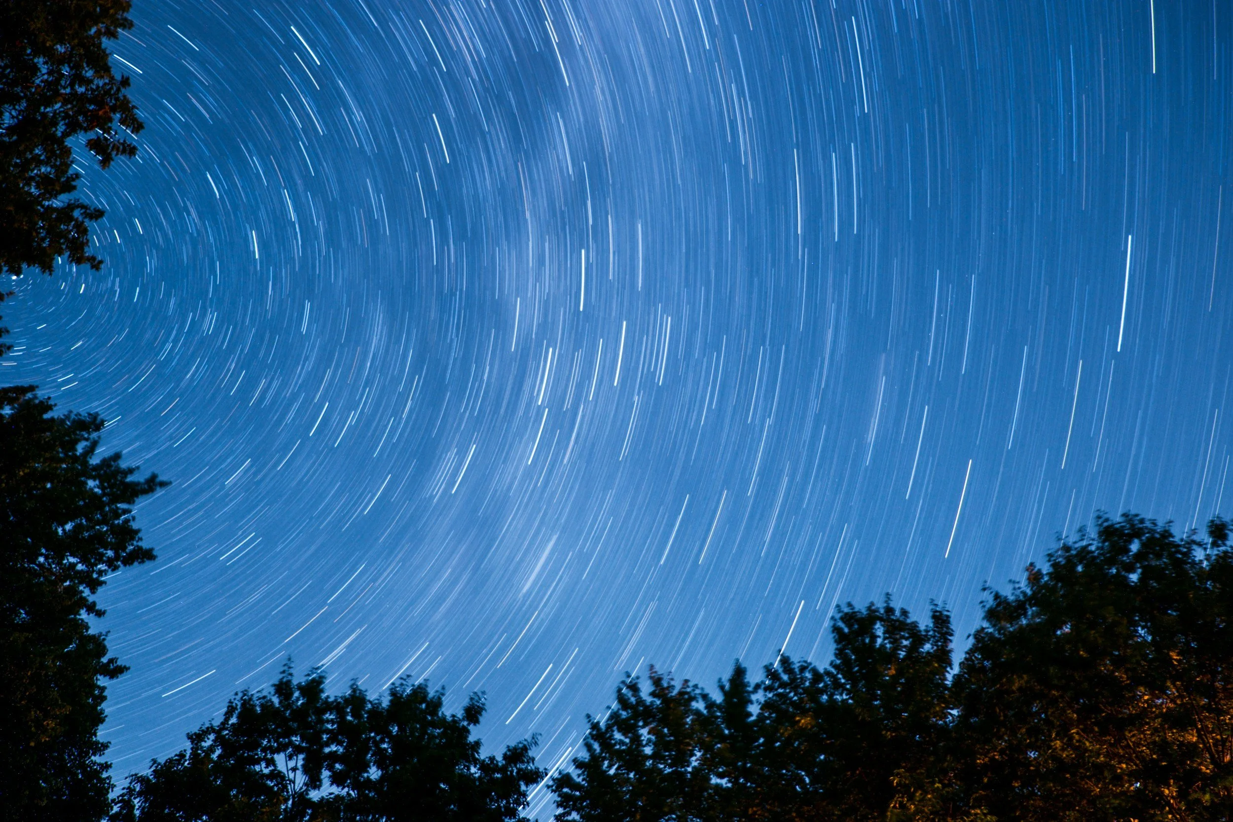 Long exposure photograph of star trails in the night sky, with silhouettes of trees in the foreground.
