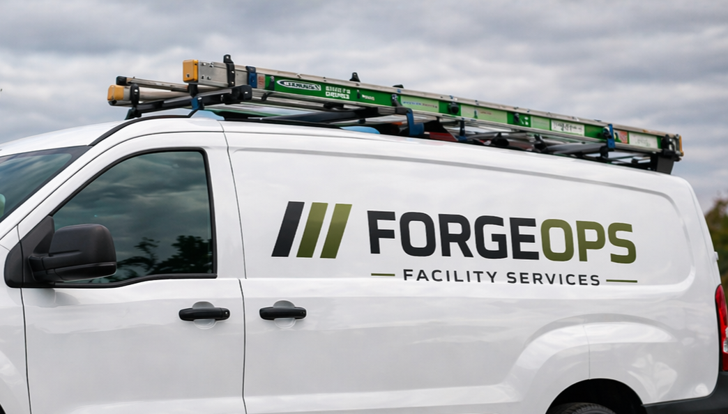 White service van with 'FORGEOPS Facility Services' logo on the side, a ladder on the roof.