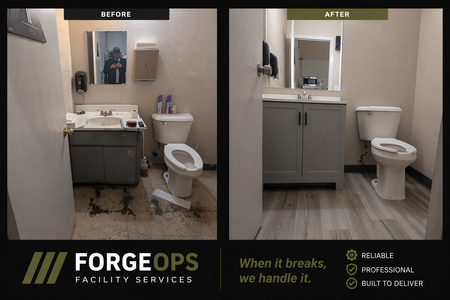 A side-by-side comparison of a bathroom before and after a cleaning or renovation. The 'before' side shows a dirty, cluttered bathroom with a stained floor, discolored cabinet, and a toilet with cleaning supplies on top. The 'after' side displays a clean, modern bathroom with a new vanity, clean floor, and a tidy toilet.