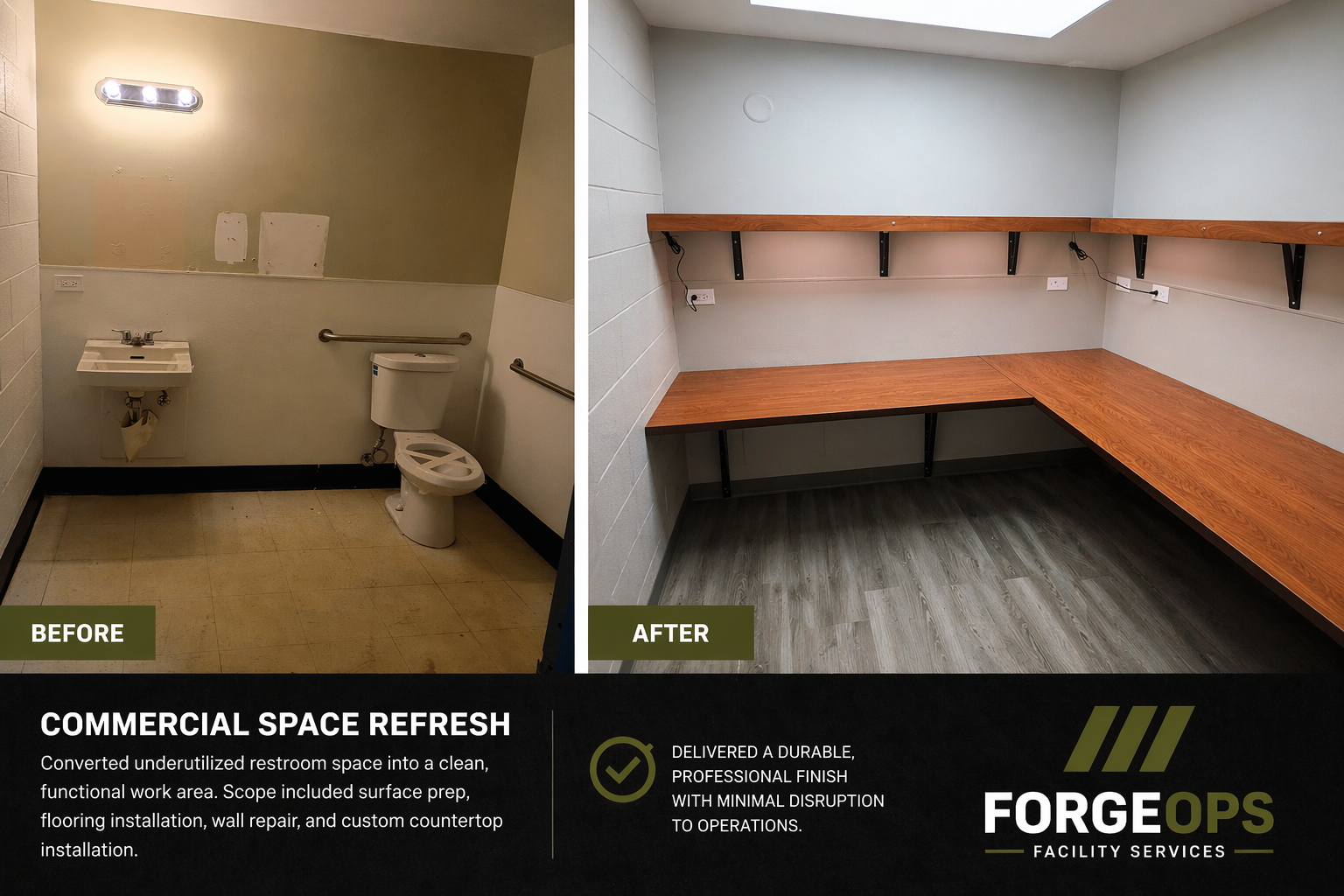 Side-by-side comparison of a renovated commercial restroom. The 'Before' shows an outdated restroom with a small sink, toilet with support bars, and beige flooring. The 'After' displays a modern workspace with custom wooden countertops, a light-colored wall, and wood-look flooring.