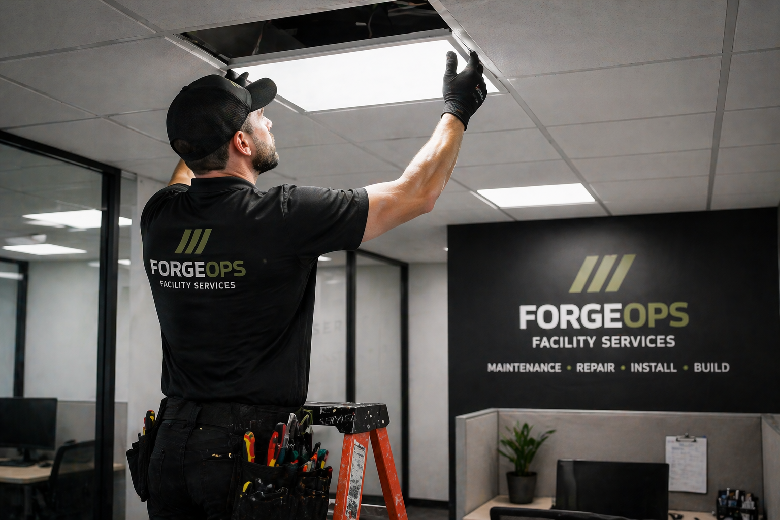 A man working on the ceiling installation at FORGE OPS Facility Services office, wearing black work shirt and cap, with tools attached to his belt, standing on an orange ladder.