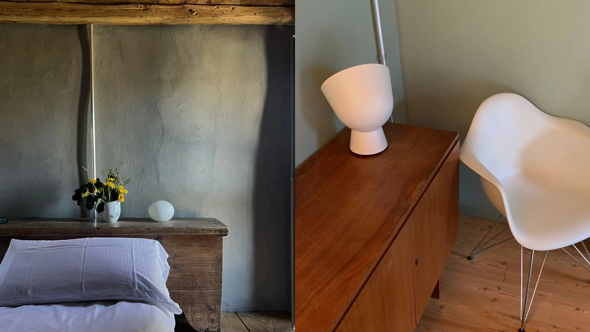 Split image showing a bedroom on the left with a wooden bed frame, white bedding, a flower vase with yellow and dark flowers, and a wall-mounted lamp. The right side features a wooden side table with a modern white lamp, a white chair, and a green wall.