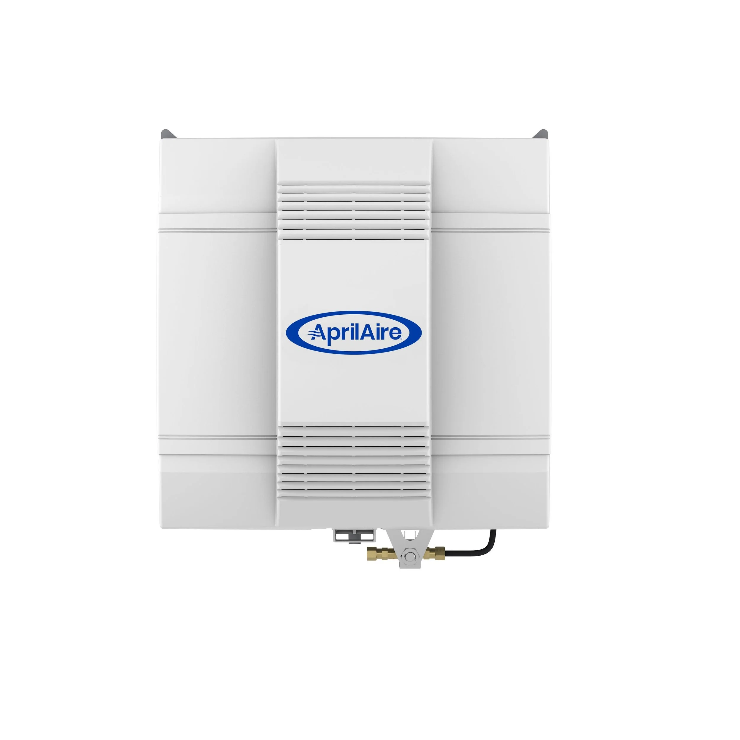 White air conditioning unit with blue 'AprilAire' logo, vents at the bottom, electrical connections at the side, and a black power cord.