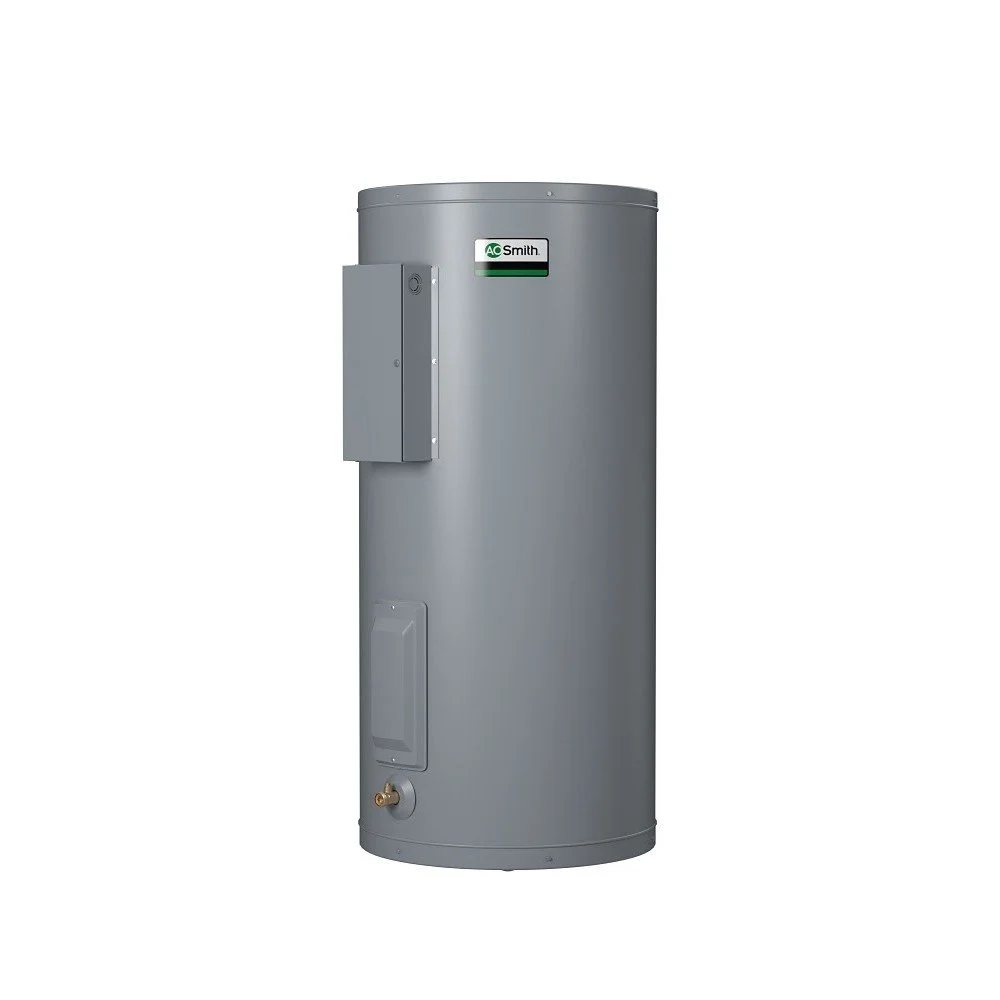 A vertical, cylindrical water heater tank with a grey exterior and a small control box attached to the side, labeled 'AC Smith'.