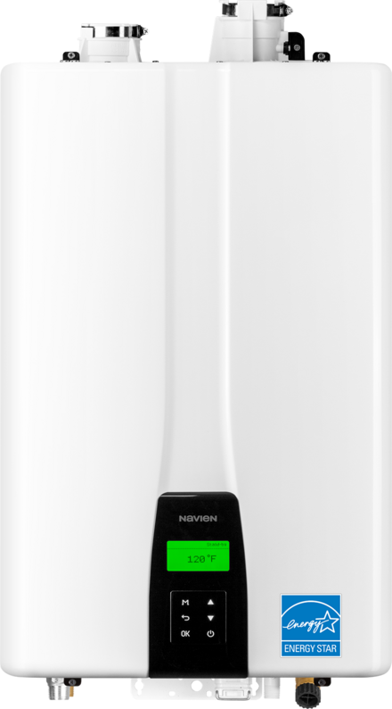 A Navien tankless water heater with a digital display showing 120°F, energy star label, and control buttons on the front.