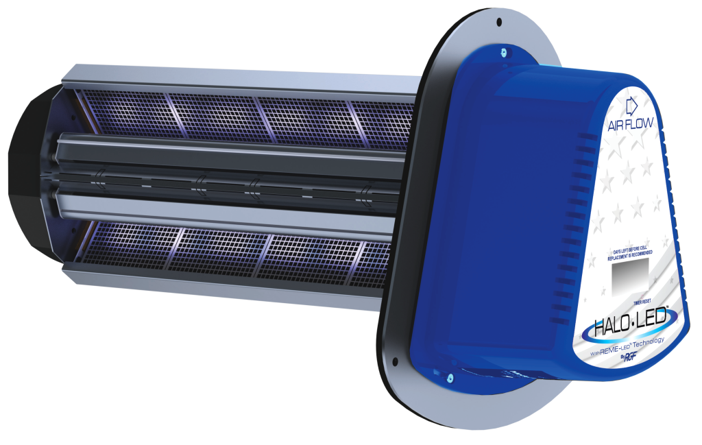 A germicidal UV-C light sterilizer with blue and gray casing, intended for disinfecting surfaces and air.