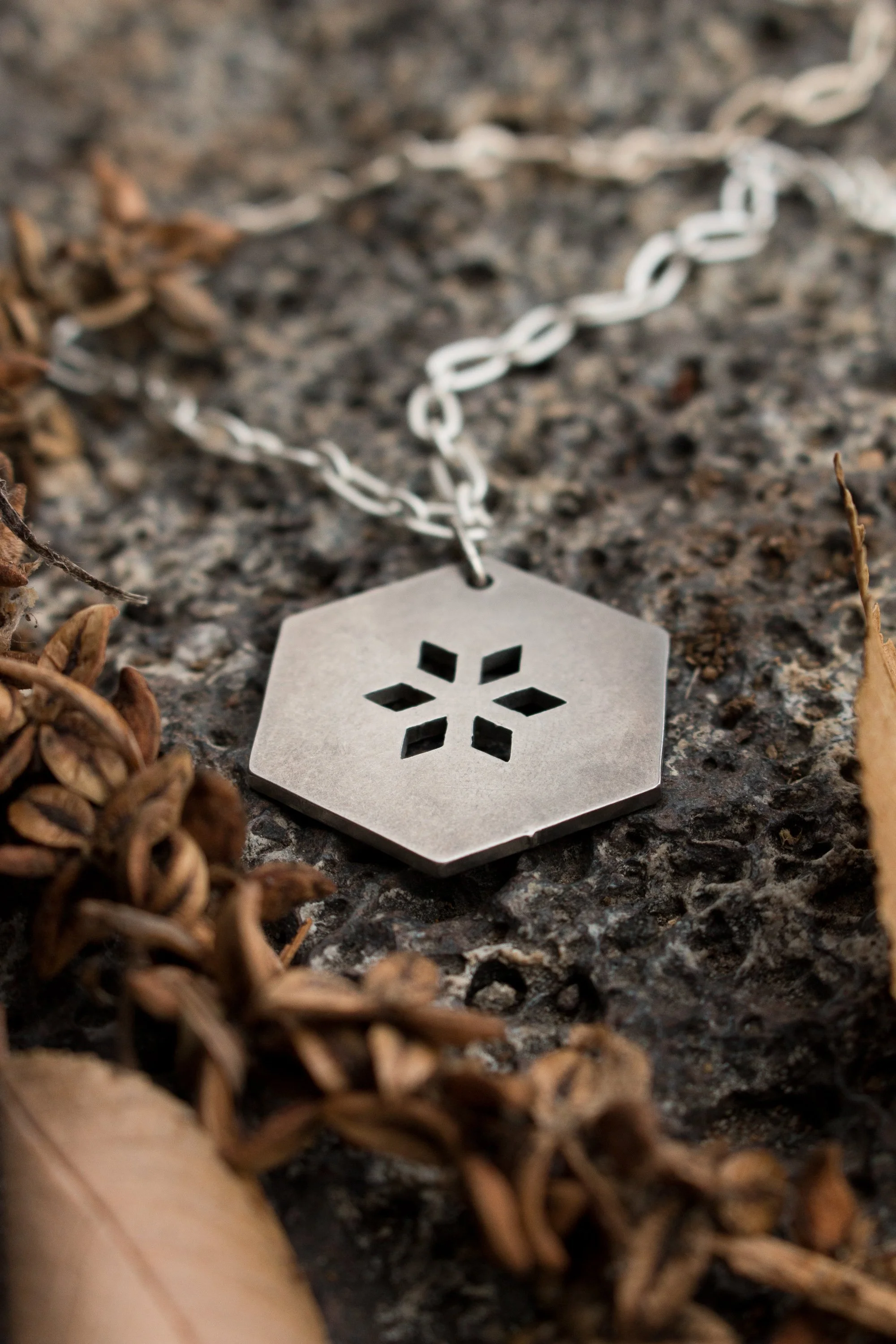 Older hand-made stainless steel pendant in the form of a hexagon with six diamond cutouts.  On a silver chain, photographed on a rock with leaf matter.