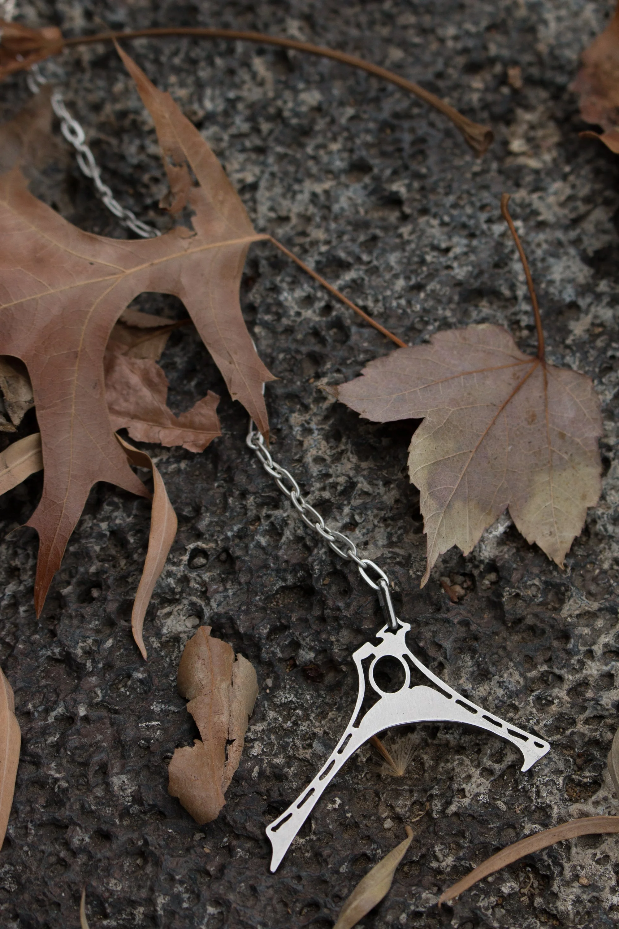 The pendant laid flat on stone among autumn leaves, showing full proportions and the chain trailing alongside.