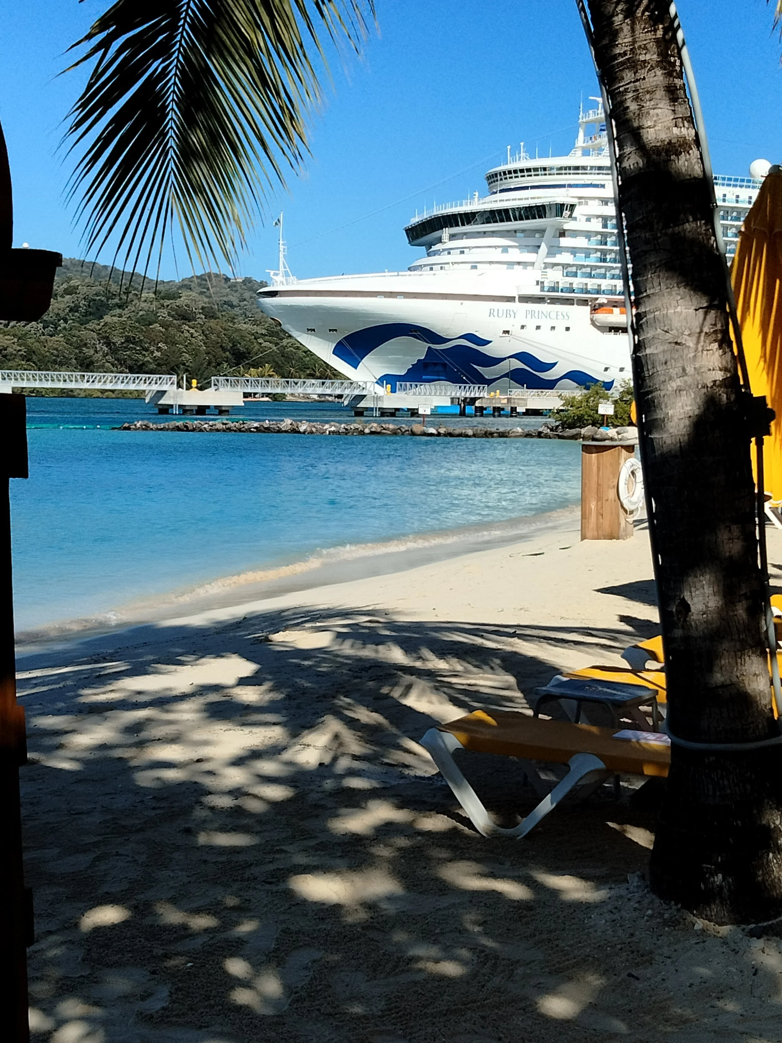View of a large cruise ship named 'Ruby Princess' docked at a port, seen through palm trees on a beach with lounge chairs and shadows on the sand, clear blue sky
