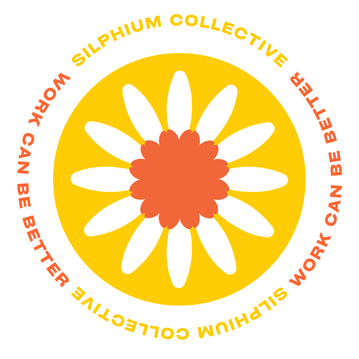 Silphium Collective Logo - Gold Circle, inside a flower with White petals and Orange Center
