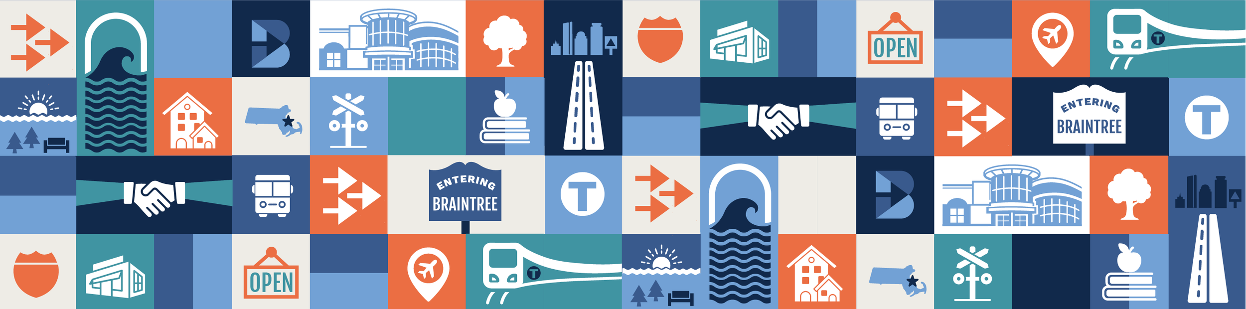 A collage of icons representing community, transportation, environment, and local amenities in a city or town, including buildings, trees, water, bridges, buses, trains, and signs.