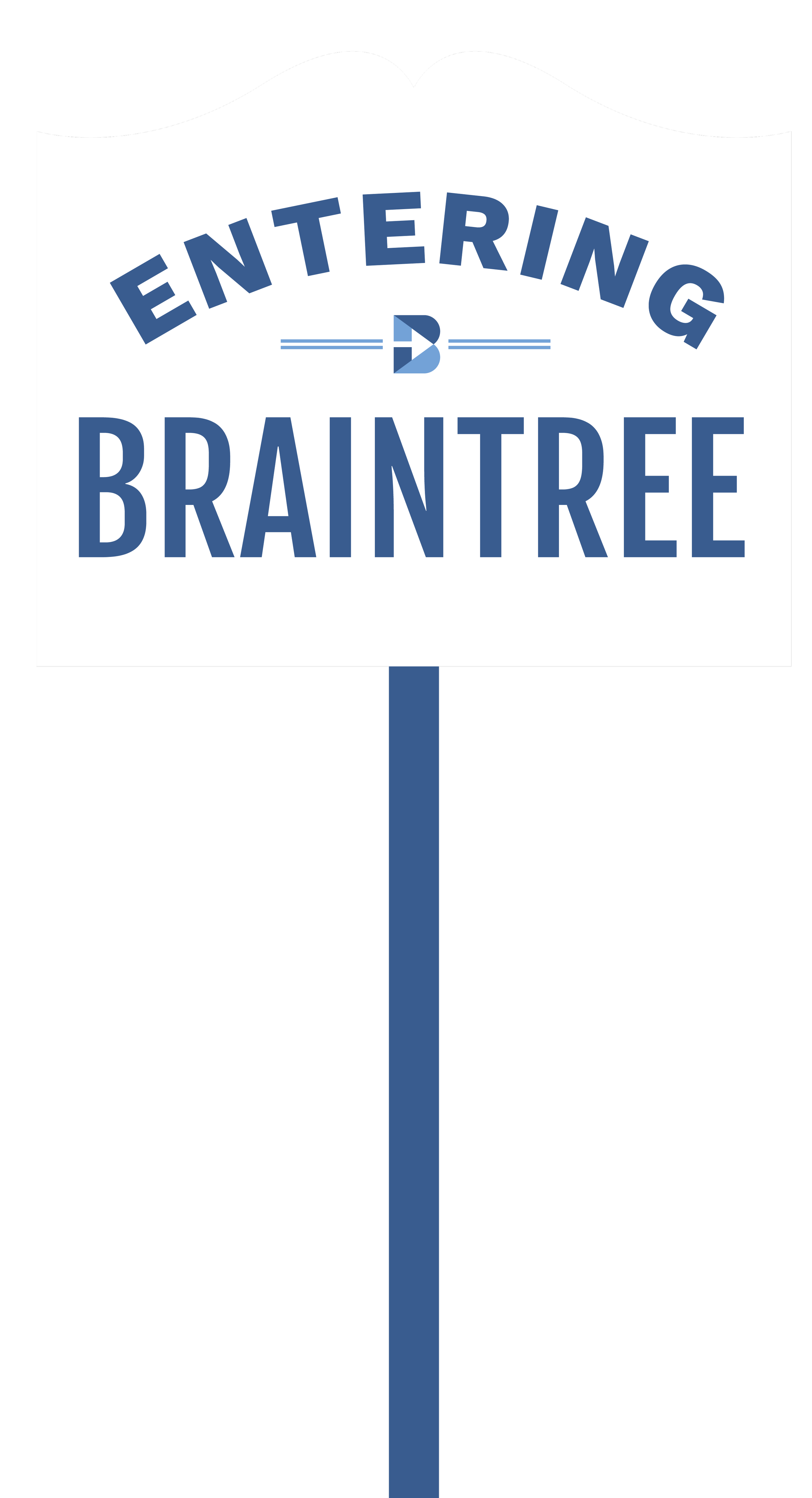 Sign with the words "Entering Brantree" in blue text on a white background with a stylized B logo in the center.