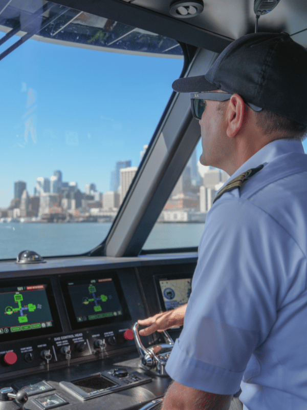 Ferry captain driving hydrogen fuel cell vessel