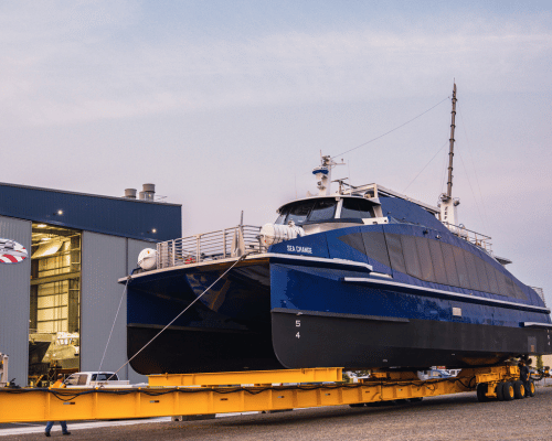 Sea Change maritime vessel being transported after construction