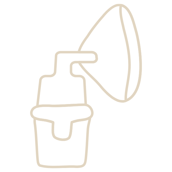Line drawing of a baby rattle with a handle and a circular top.