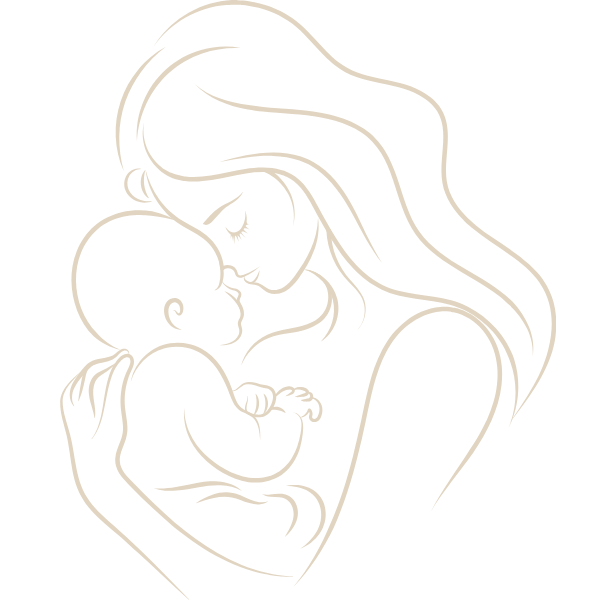 Line art of a woman holding a baby, both with eyes closed, in a tender pose.