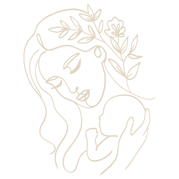 Line art illustration of a woman with closed eyes and flowers in her hair holding a small animal, like a kitten, against a black background.