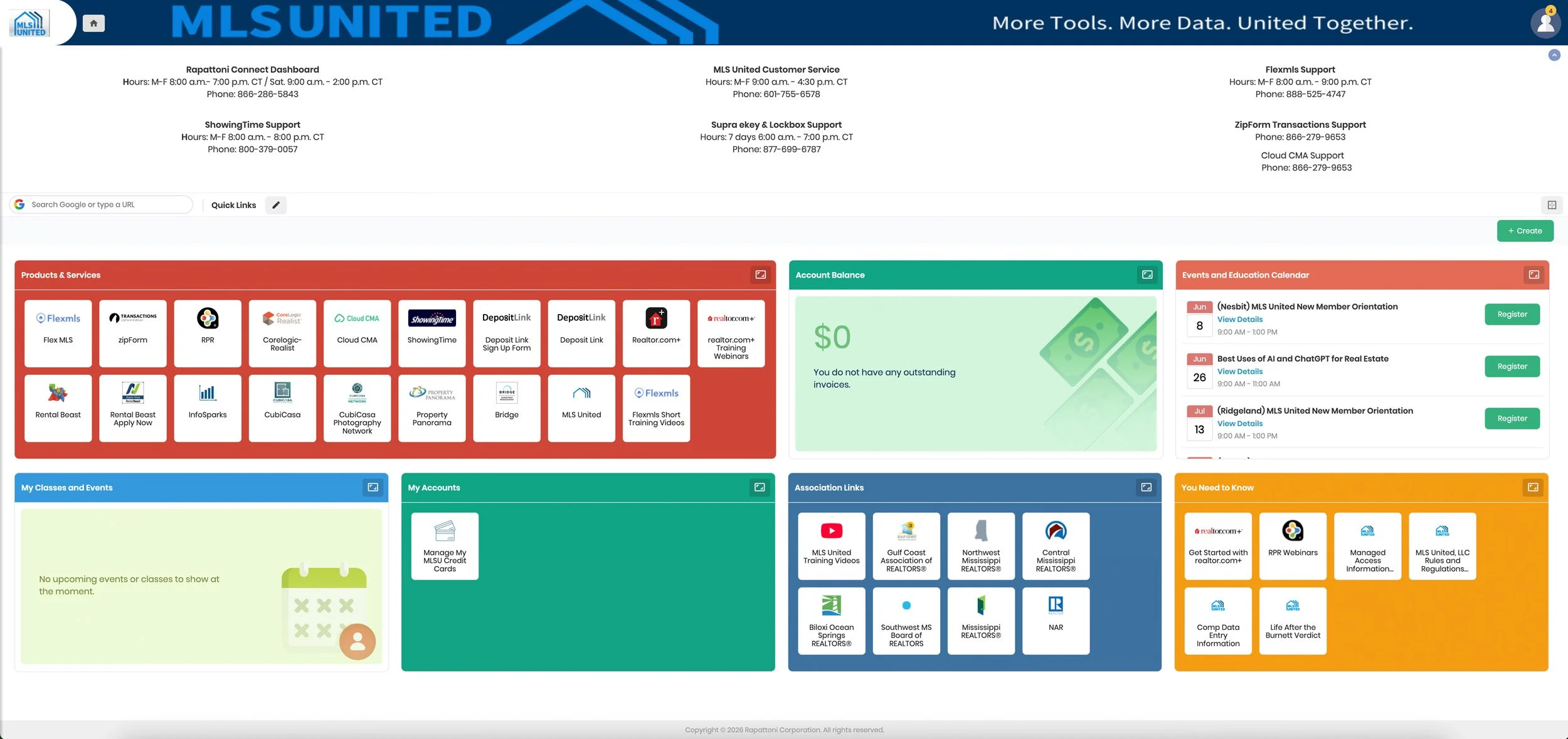 Screenshot of a real estate dashboard webpage titled 'MLSU NITED' with support and resource links, account balance, events calendar, and various sections for classes, accounts, and association links.