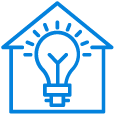 Icon of a house with a lightbulb inside, representing home lighting or energy efficiency