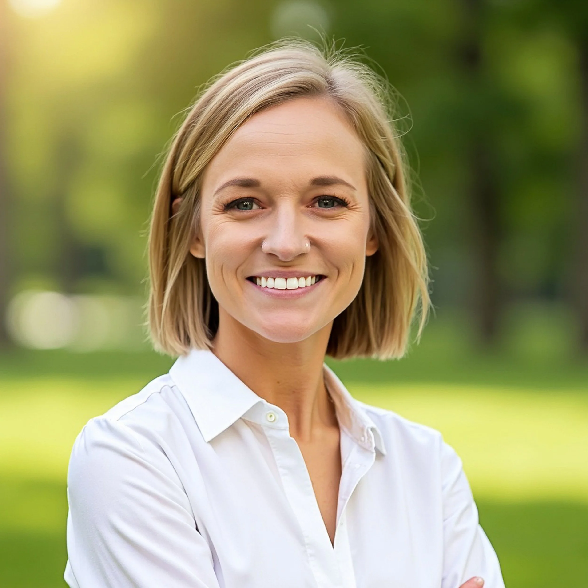 Smiling woman with blonde hair and a nose piercing, wearing a white shirt, outdoors with a blurred green background.