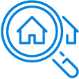 Magnifying glass highlighting a house icon, representing real estate or home search.